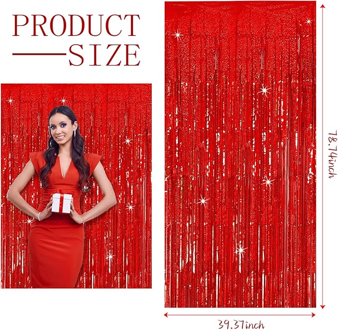 3 Pack Red Streamers Party Backdrop Christmas Decorations Foil Fringe Backdrop Curtains Carnival Casino Theme Birthday New Year Holiday Celebration Bachelorette Party Decorations Supplies