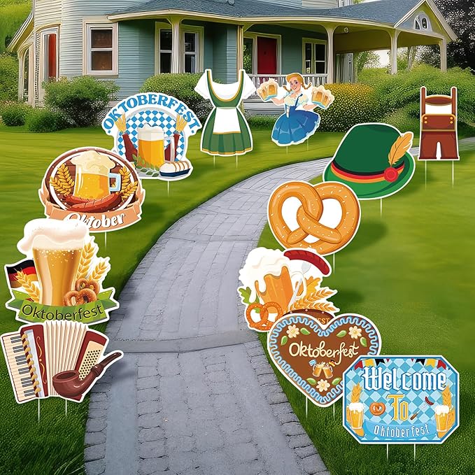 Amyhill 12 Pcs Oktoberfest Yard Decoration Outdoor Welcome to Oktoberfest Garden Lawn Signs with Stakes German Beer Festival Waterproof Outdoor Decor for Patio Lawn Walkway Party Supplies