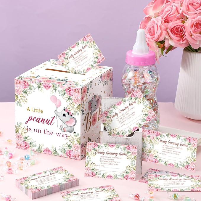 Glenmal 52 Pcs Pink Elephant Theme Baby Shower Games Gift Sets Large Baby Bottle for Shower Game Guess How Many Candies Decorations for Gender Reveal