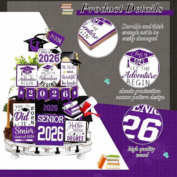 22 Pcs 2026 Graduation Tiered Tray Decor Sets Wooden Graduation Class of 2026 Table Decorations Senior 2026 Gown Diploma Farmhouse Signs for Home Shelf Party Office Desk(Purple)