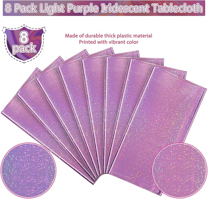 8 Pack Iridescent Light Purple Plastic Tablecloths Shiny Disposable Laser Rectangle Table Covers Holographic Foil Tablecloth Iridescent Kpop Birthday Bridal Wedding Party Decoration, 54 x 108 Inch