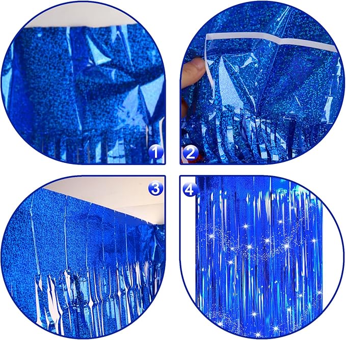 Backdrops Curtains Party Decorations, Tinsel Blue Streamers for Birthday Decorations, Photo Booth Props for Wedding, 4Pack 3.28X6.56Ft