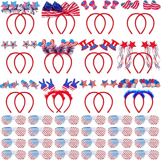 Honoson 48 Pcs 4th of July Accessories USA 250th Anniversary Party Favors Include 24 Patriotic Shutter Glasses 24 Head Boppers American Flag Sunglasses for Independence Day Veterans Day Supplies