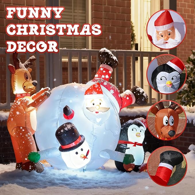 JOYHALO 6FT Christmas Inflatable Outdoor Decorations, Snowball Rolling Scene with Santa Claus, Penguin, Reindeer & Snowman, Build-in LED Lights, Blow Up for Indoor Yard Lawn Party Decor