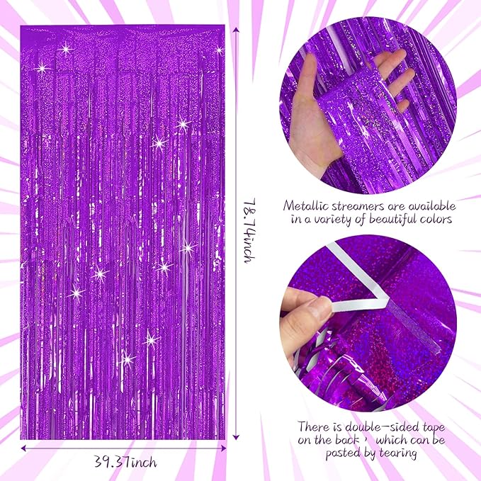 Tinsel Curtain Party Backdrop Purple Birthday Party Decorations 2 Packs Glitter Foil Fringe Curtain Decor Streamers Photo Booth for Birthday Christmas Wedding Halloween Graduation