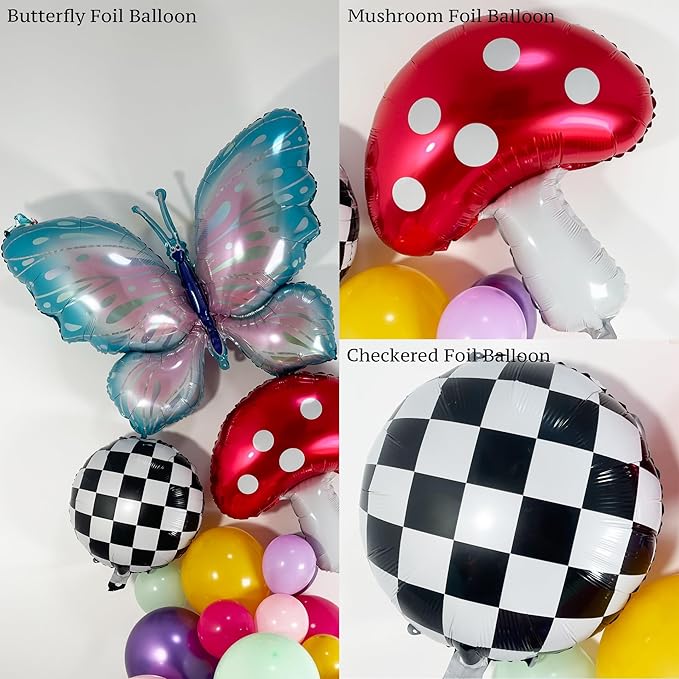 159Pcs Wonderland Balloon Arch Garland Kit with Pink, Yellow, Green, Purple, Butterfly, Mushroom, Checkered Foil Balloons, for Fairy 1st Birthday, Baby Shower, Tea Party, Onederland Birthday