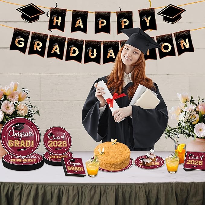 OuMuaMua Class of 2026 Graduation Party Decorations - 200 Pcs Maroon Graduation Plates and Napkins Disposable Dinnerware Set for 2026 College High School Grad Party Decorations, Serve 50