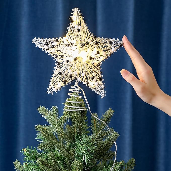 Black and White Christmas Tree Topper 8.3" Star Tree Topper Lighted Christmas Decor 3D Star Treetop LED Battery Light Spooky Xmas Ornament for Holiday Party Nightmare Indoor Outdoor Home Decor