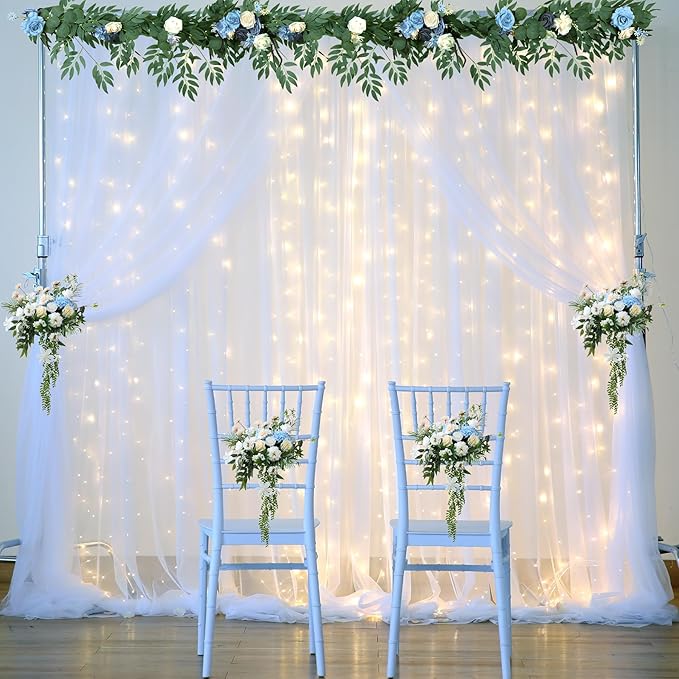 10×15ft White Tulle Backdrop Curtain with Lights String for Parites Sheer Fabric Backdrop Curtains White Curtain Backdrop for Wedding Baby Shower Birthday Party Bridal Shower Photo Shoot Background
