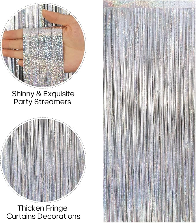 2 Pack Fringe Curtains Backdrops, Foil Fringe Curtains, Door Streamers for Birthday Wedding Bridal Shower Holiday Graduation Party Decorations, Photo Booth Backdrops, Glitter Silver
