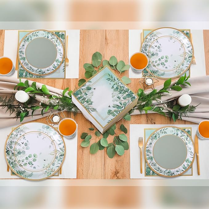 Pickmesh 250 Pcs Sage Party Disposable Tableware Set Paper Plates and Napkins Cups Supplies Tea Party Theme Dinner Dinnerware for Birthday Bridal Baby Shower Wedding Decoration Serves 50