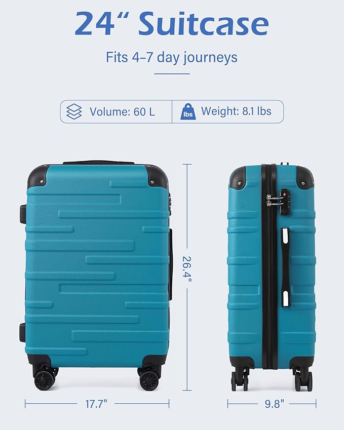 Coolife Hardside Checked Luggage with TSA Lock, Spinner Wheels, Telescopic Handle, Lightweight Suitcase (Red, M(24in))