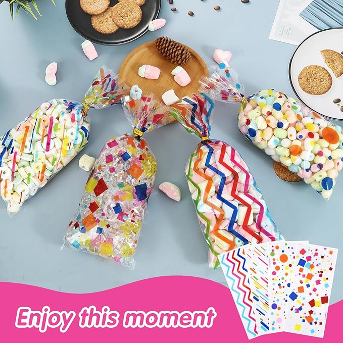 Docvania Cello Cellophane Treat Gift Bags Rainbow Cookie Bags 100 pcs 5 X 11 Goodie Bag with Ties for Mother's Day, Valentine's Day and Parties, Weddings
