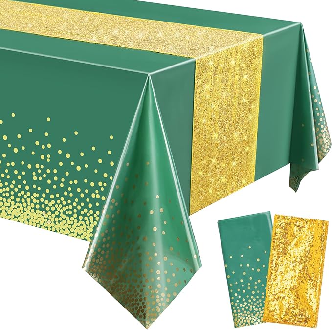 Irenare Tablecloth and Sequin Table Runner Set Polka Dots Confetti Table Cover Dining Plastic Tablecloths Glitter Decorations for Birthday Wedding Anniversary Party Supplies(Green, Gold,2 Pcs)