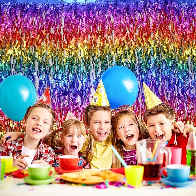 Shiny Rainbow Foil Fringe Curtain Wavy Rainbow Tinsel Streamer Backdrop for Party Decorations Birthday Wedding Graduation Baby Shower 2 Packs
