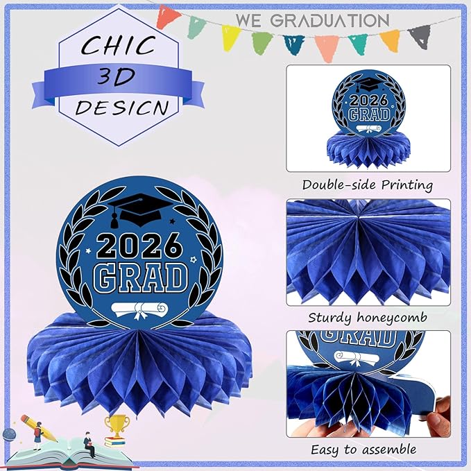 Yisong 9 Pieces 2026 Graduation Party Table Decorations Class of 2026 Congrats Graduation Centerpieces for Tables Congratulate Honeycomb Centerpiece Topper for Grad Party Supplies(Blue)