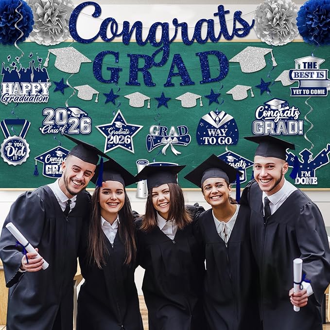 Navy Blue Graduation Decorations, Glitter Congrats Grad Banner Hanging Swirls and Tissue Pom Poms, Navy Blue and Silver Graduation Decorations for Class of 2026 College Graduations Party Decorations