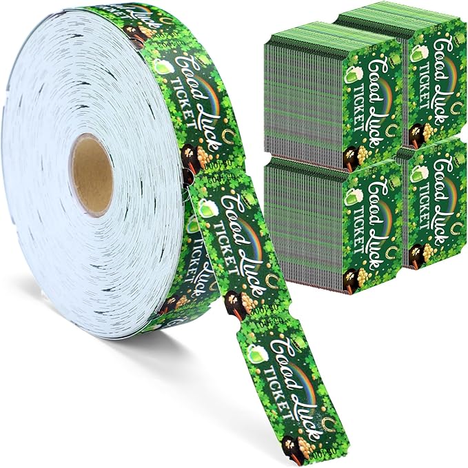 Cholemy 1000 Pcs St. Patrick's Day Party Favors Shamrocks Raffle Tickets Roll Green Numbered Door Drinks Game Ticket for Irish Saint Patty's Day Carnival Party Decorations Supplies(Luck Shamrocks)