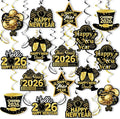 2026 Happy New Year Hanging Swirls, 40Pcs Black and Gold New Years Eve Party Ceiling Swirls Streamer for 2026 New Years Hanging Decorations