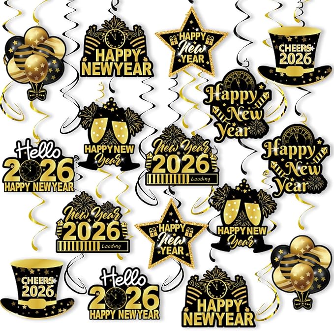 2026 Happy New Year Hanging Swirls, 40Pcs Black and Gold New Years Eve Party Ceiling Swirls Streamer for 2026 New Years Hanging Decorations
