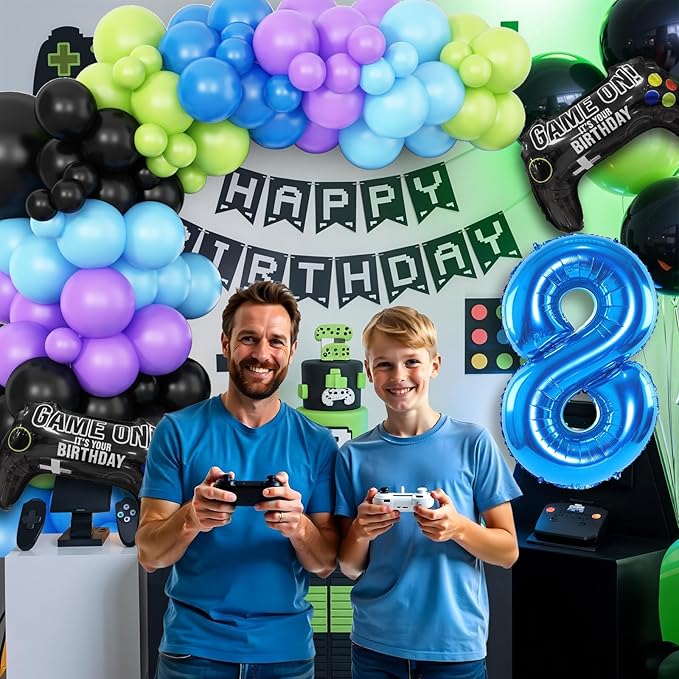8th Birthday Video Game Balloons Arch Kit, 108pcs Blue, Black, Light Olive Green, Purple Balloons, Video Game Themed Foil Balloons, Boys Birthday Decor
