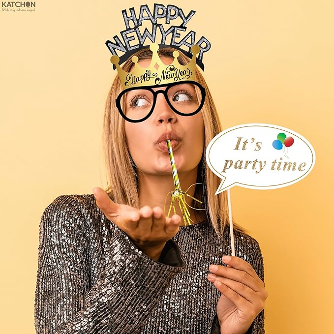 KatchOn, New Years Eve Party Favors - Pack of 74 | Happy New Year Glasses, Photo Props, Hats and Noise Makers | New Years Headband 2026, New Year's Eve Party Supplies for Happy New Year Decorations