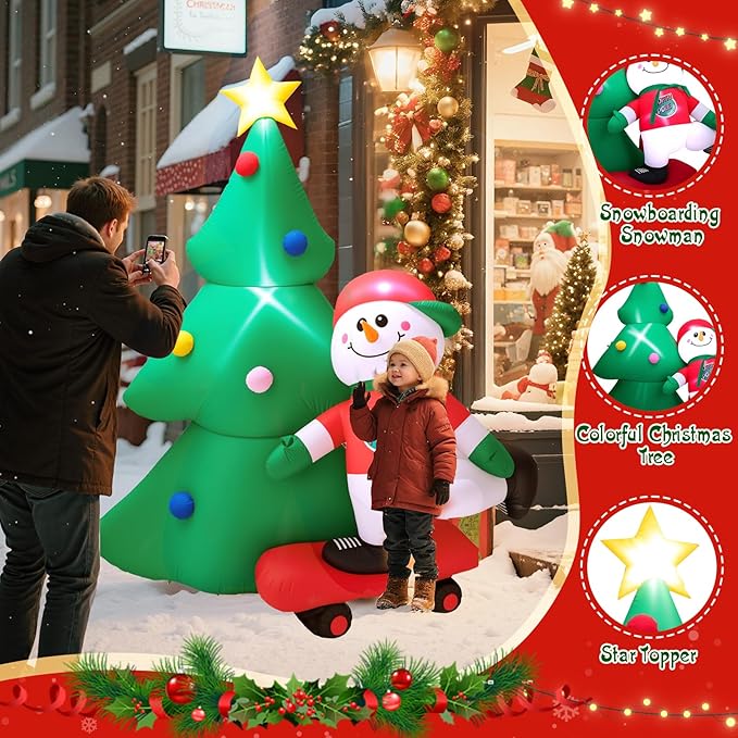 7 FT Christmas Tree Inflatables Outdoor Decortaion, Large Blow Up Christmas Tree with Scooter Boy Snowman, Light Up Inflatable Christmas Decoration for Yard Lawn, Garden, Party