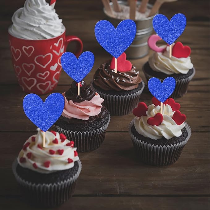 30 PCS Love Heart Cupcake Toppers Glitter Bridal Shower Sweet Love Cupcake Picks for Wedding Engagement Valentine's Day Baby Shower Birthday Party Cake Decorations Supplies Deep Blue