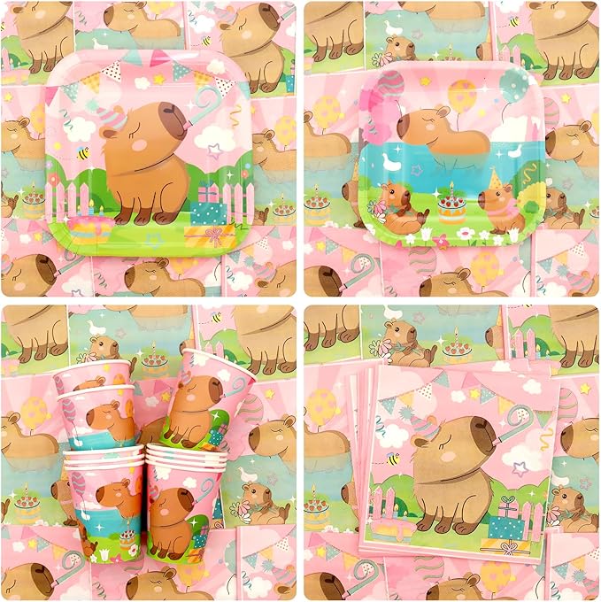 Pink Capybara Party Decoration - Capybara Birthday Party Tableware Supplies Includes Plates, Cups, Napkins, Tablecloth, Straws (40)