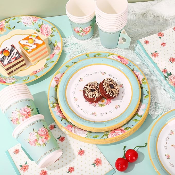 Whaline Tea Party Tableware Supplies Serves 24 Floral Tea Party Disposable Paper Dinnerware 24 9" Plates 24 7" Saucer Plate 24 9oz Tea Cups with Handle 48 Luncheon Napkins for Birthday Bridal Shower