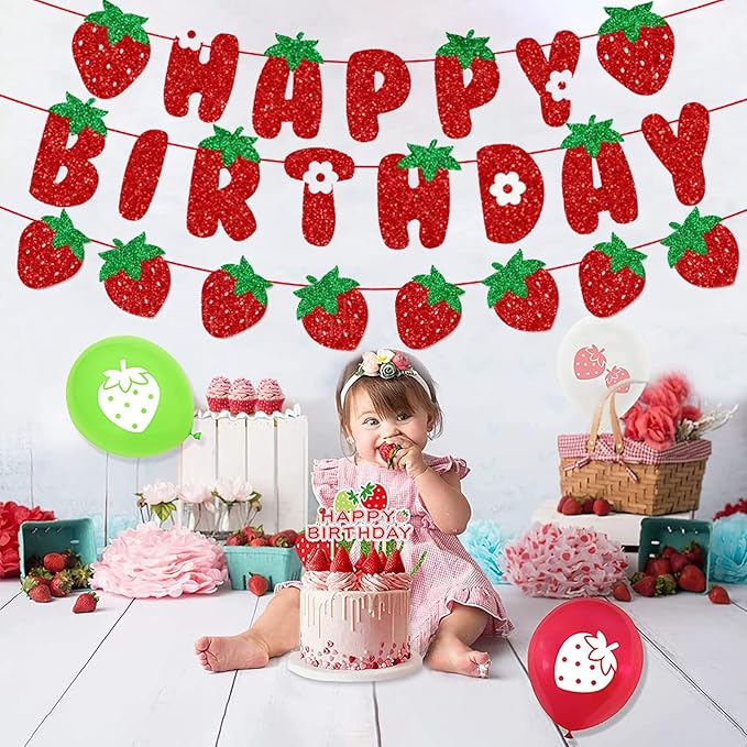 Strawberry Themed Birthday Banner Sign - Girl Birthday Party Decoration Supplies