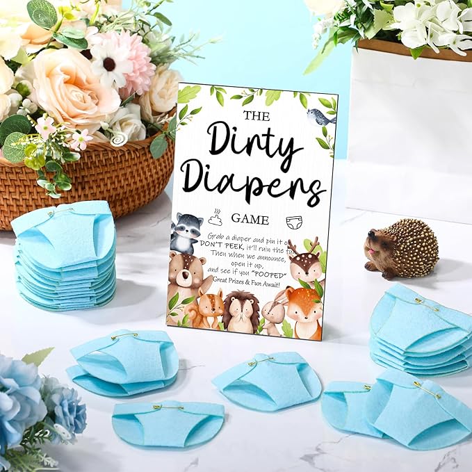 Roowest 51 Pcs Dirty Diaper Baby Shower Games Funny Wooden Sign with 50 Pcs Mini Diapers Cute Felt for Gender Reveal Party Baby Shower(Woodland Animals)