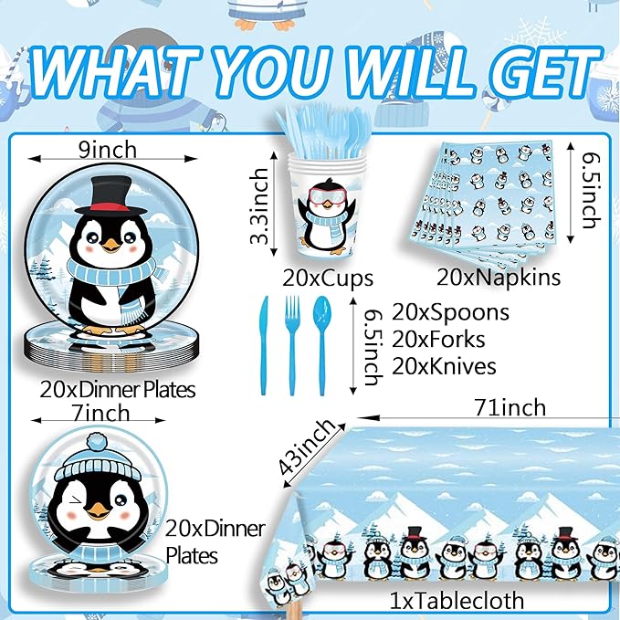 Winter Penguin Party Supplies Set, 141 Pieces Birthday Decorations with Plates, Cups, Tablecloth, Banner, Blue and White Theme Pack for 20 Guests