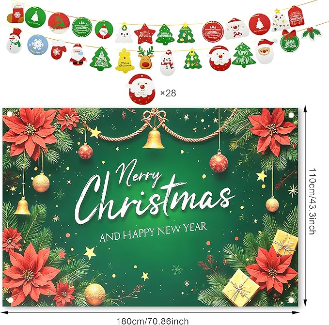 Christmas Party Decoration Set, 44PCS Merry Christmas Birthday Party Supplies with Backdrop Banner,Merry Christmas Banner with Red Green Swirls,Hanging Decor for Holiday Home Indoor Party (Christmas 2)