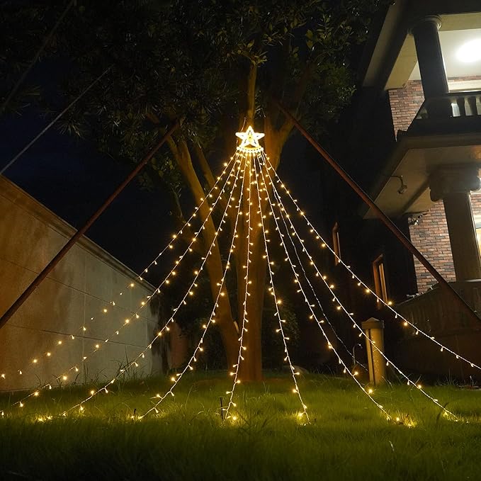 Outdoor Christmas Decorations 350 LEDs Christmas Lights with 9 Strands 11.5ft Waterfall Christmas Tree Lights, 8 Modes,Waterproof,Topper Star for Yard Patio Xmas Wedding,Party,New Year (Warm White)