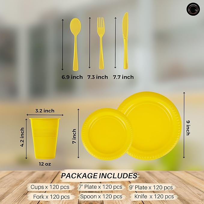 Grandipity 720 Piece Yellow Disposable Dinnerware Set, Plastic Dinnerware Set Includes 120 Count 9' Dinner Plates, 7' Dessert Plates, 12oz Cups, Forks, Knives & Spoons