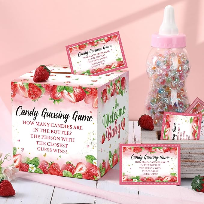 Glenmal 52 Pcs Baby Shower Games Gift Sets Large Baby Bottle for Shower Game Guess How Many Candies Decorations for Gender Reveal(Strawberry)