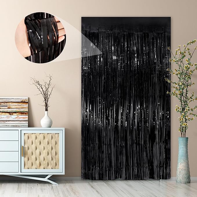 Black Fringe Curtain Party Streamers 4Pack 3.3 x 8.3 Ft Foil Fringe Backdrop Curtains for Birthday Wedding Bridal Baby Shower Holiday Tinsel Streamers Black Party Decorations Door Streamer