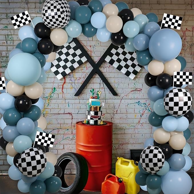 Generic Race Balloon Garland Arch Kit, Dusty Blue Black Balloons with Checkered Balloons for Race Theme Birthday Party Decorations Baby Shower Party Supplies