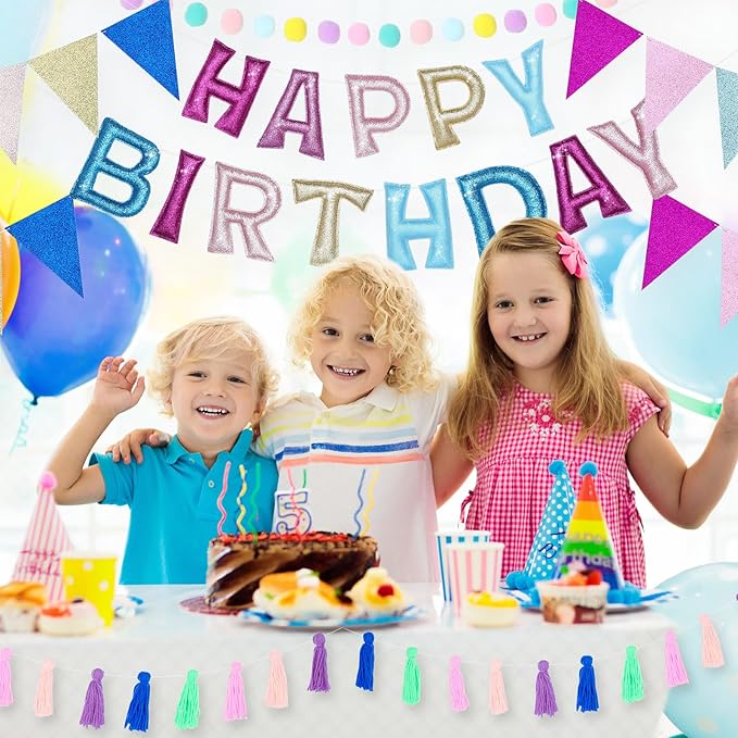 5 Pcs Pre-strung Unicorn Glitter Happy Birthday Banner Set, Felt Happy Birthday Garland with Ball Garland, Pennant Flags and Tassels, Birthdays Party Decorations for Kids and Adults