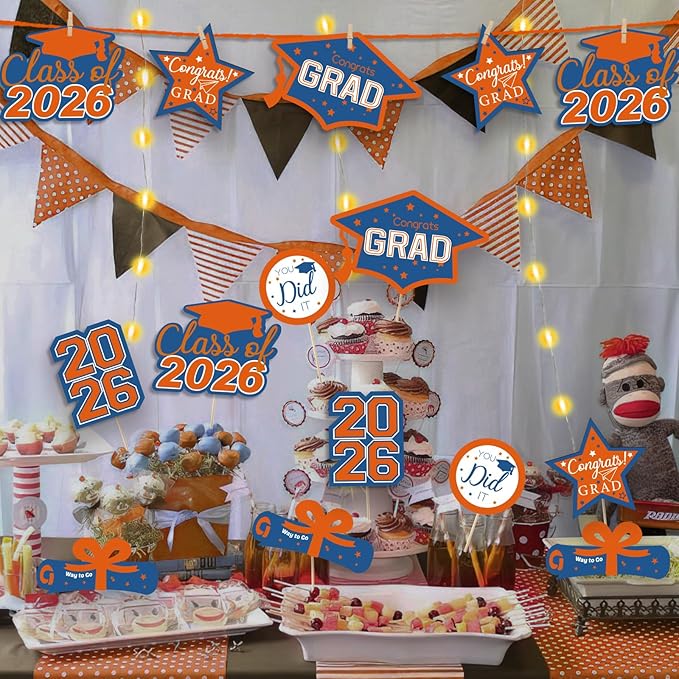 OuMuaMua Graduation Decorations Class of 2026-30pcs Blue Orange Graduation Table Centerpieces Sticks Table Toppers with Lights for College High School Congrats Grad Party Supplies