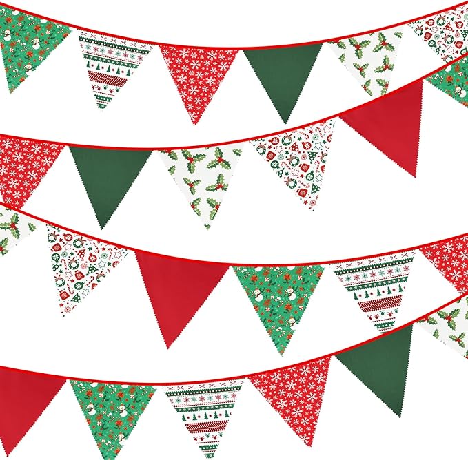 GCQQ Christmas Pennant Banner - 40FT Red Green Cotton Merry Christmas Party Banners Vintage 42pcs Fabric Holly Garlands Bunting Indoor for Xmas Home Outside Decorations