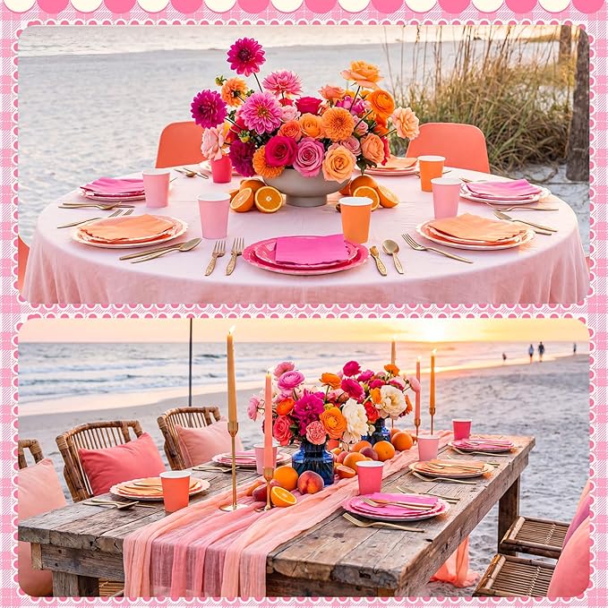 Zhehao 175 Pcs Pink and Orange Plates and Napkins Hot Pink Orange Party Disposable Tableware Kit with Plates, Cups, Napkins, Cutlery for Sunset Neon Baby Shower, Birthday, Wedding Party Supplies