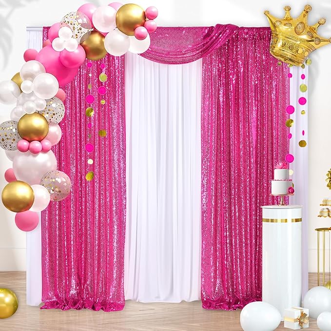 B-COOL Sequin Backdrop Fuchsia Backdrop Curtains 4 Panels 2ft x 8ft Hot Pink Sparkly Backdrop Fabric for Birthday Sweetheart Party Birthday Wedding Drapes