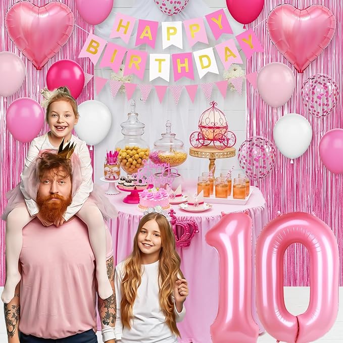 10th Birthday Decorations for Girls,Hot Pink 10th Birthday Balloons with Happy Birthday Banner Fringe Curtain Heart Foil Balloons for 10 Year Old Birthday Decor