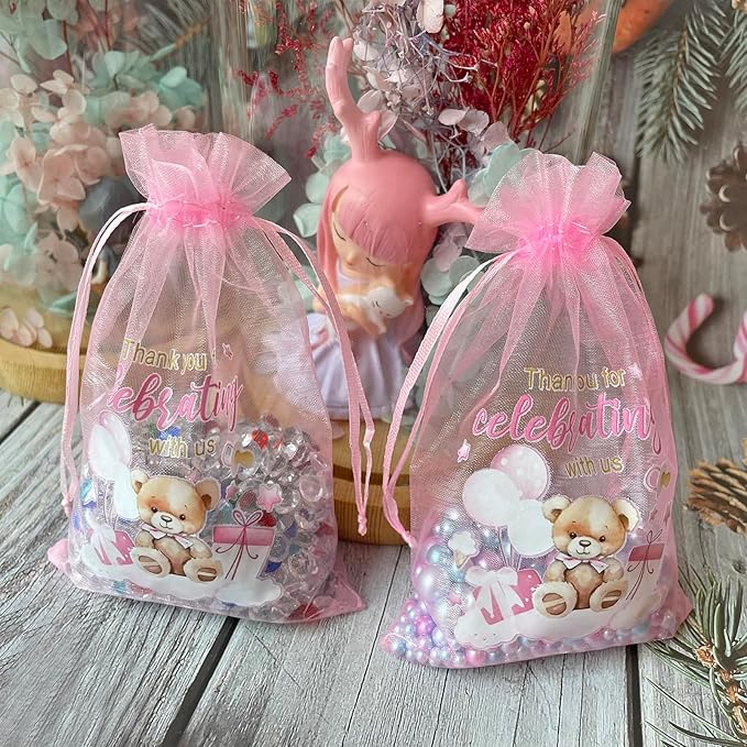 LXKBD 50PCS Organza Bags for Baby Shower Party Favor,4x6 Inch Small Pink Sheer Drawstring Mesh Pouch Treat Bags for Girl Birthday Gift Bag