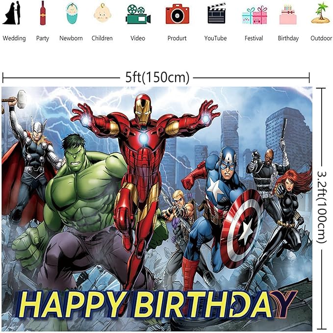 Avengers Birthday Banner, Party Decorations Background for Children - Happy Birthday Banner Party Supplies - Indoor/Outdoor Wall Decor - 5x3ft
