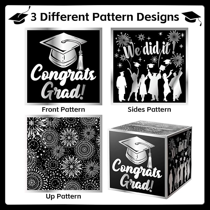 JWSCYSY Graduation Card Box Holder, Congrats Grad Foldable Cardboard Decorations Box for Graduation Party Favors Decor Party Supplies (Black Silver)