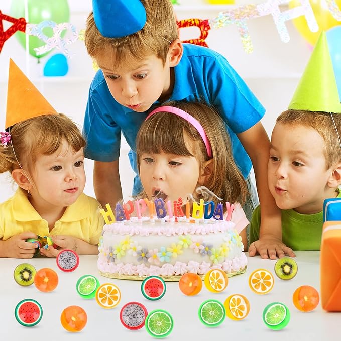 Hxezoc 24 Pcs Fruit Bouncy Balls for Kids, 32mm 6 Colors Rubber Bounce Balls Bulk for Party Favors, Goodie Bag Fillers, Easter Gift Bag Stuffers, Basket Stuffers, Classroom Prizes