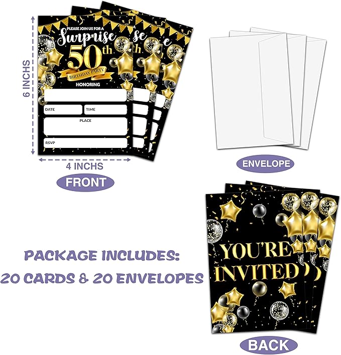 Surprise 50th Birthday Party Invitation, Black and Gold Fill-In Invites For Adult Woman & Man, 20 Invitations With Envelopes(4" x 6"), Party Favors Decorations And Supplies-03